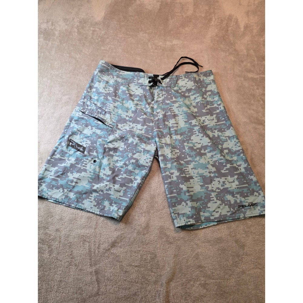 Pelagic Board Shorts Mens 38 Blue Digital Camo 4TEK Fishing Swim Trunks